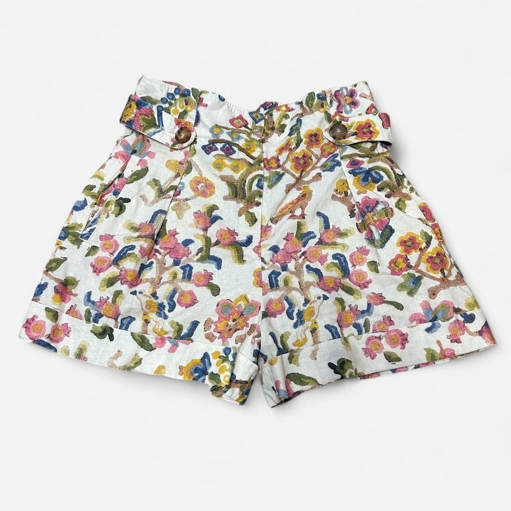 Sézane Mila Floral High Waist Cuffed Linen Blend Shorts Womens 36 Resort Wear
